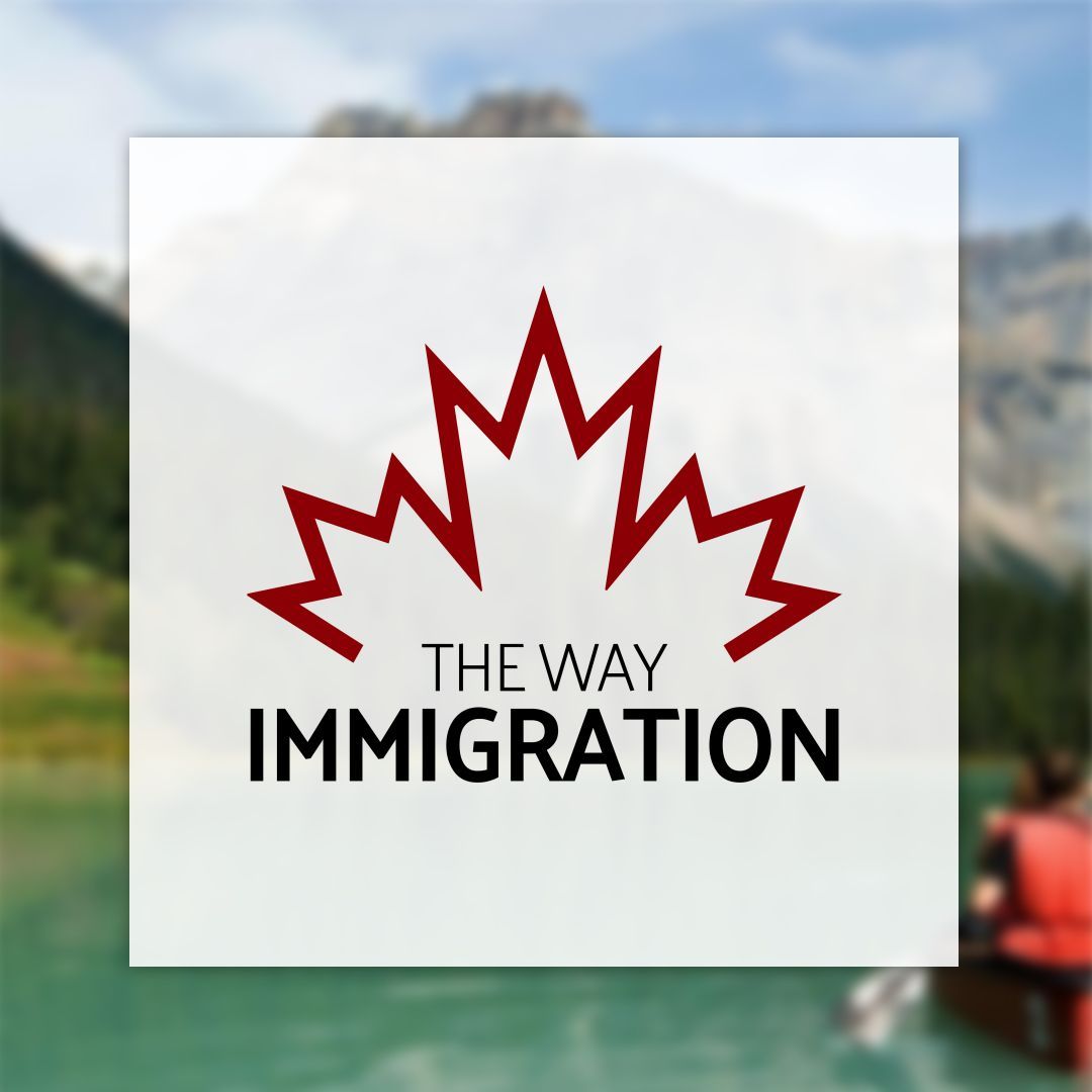 A logo for the way immigration with a maple leaf on it
