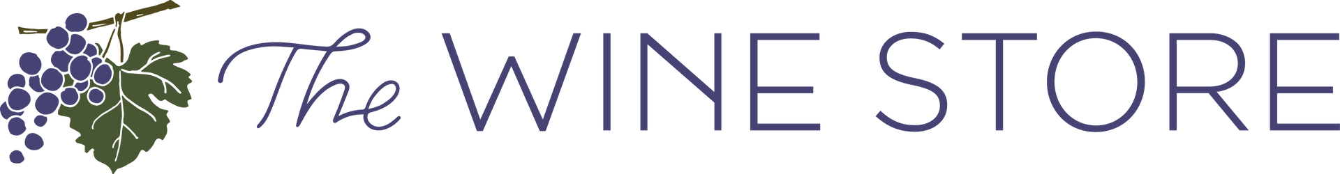 Logo of a wine store. Features purple grapes and green leaves with the store name.
