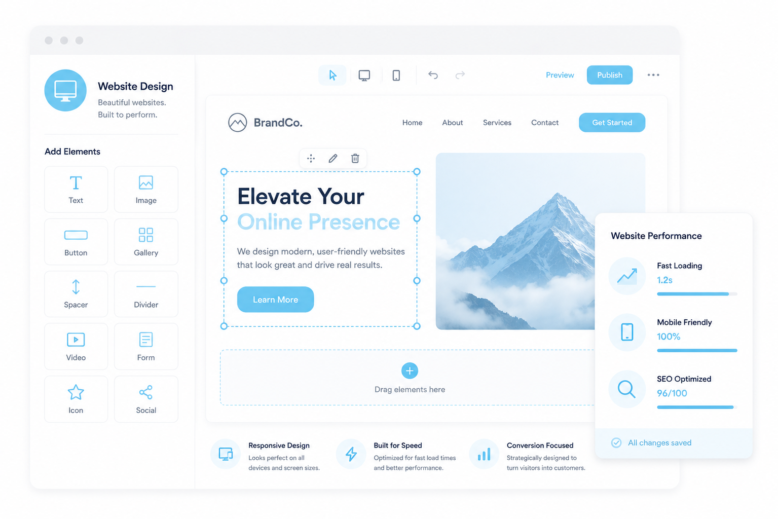 Minimalist website dashboard mockup with blue accents, sidebar icons, and a mountain hero image