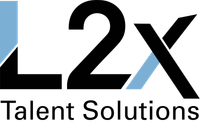 The logo for l2x talent solutions is black and blue.