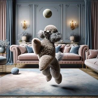 Poodle playing fetch with tennis ball toy