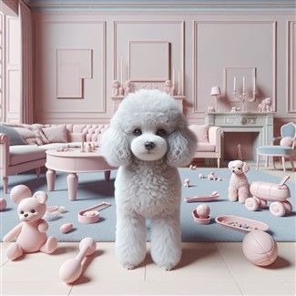 Poodle with lots of toys