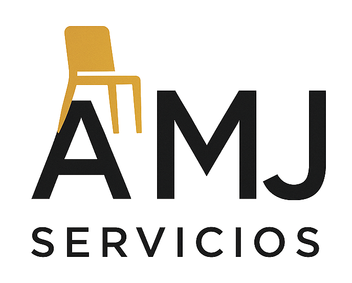 Logotipo de AMJ Servicios. Letras negras con una silla dorada sobre la