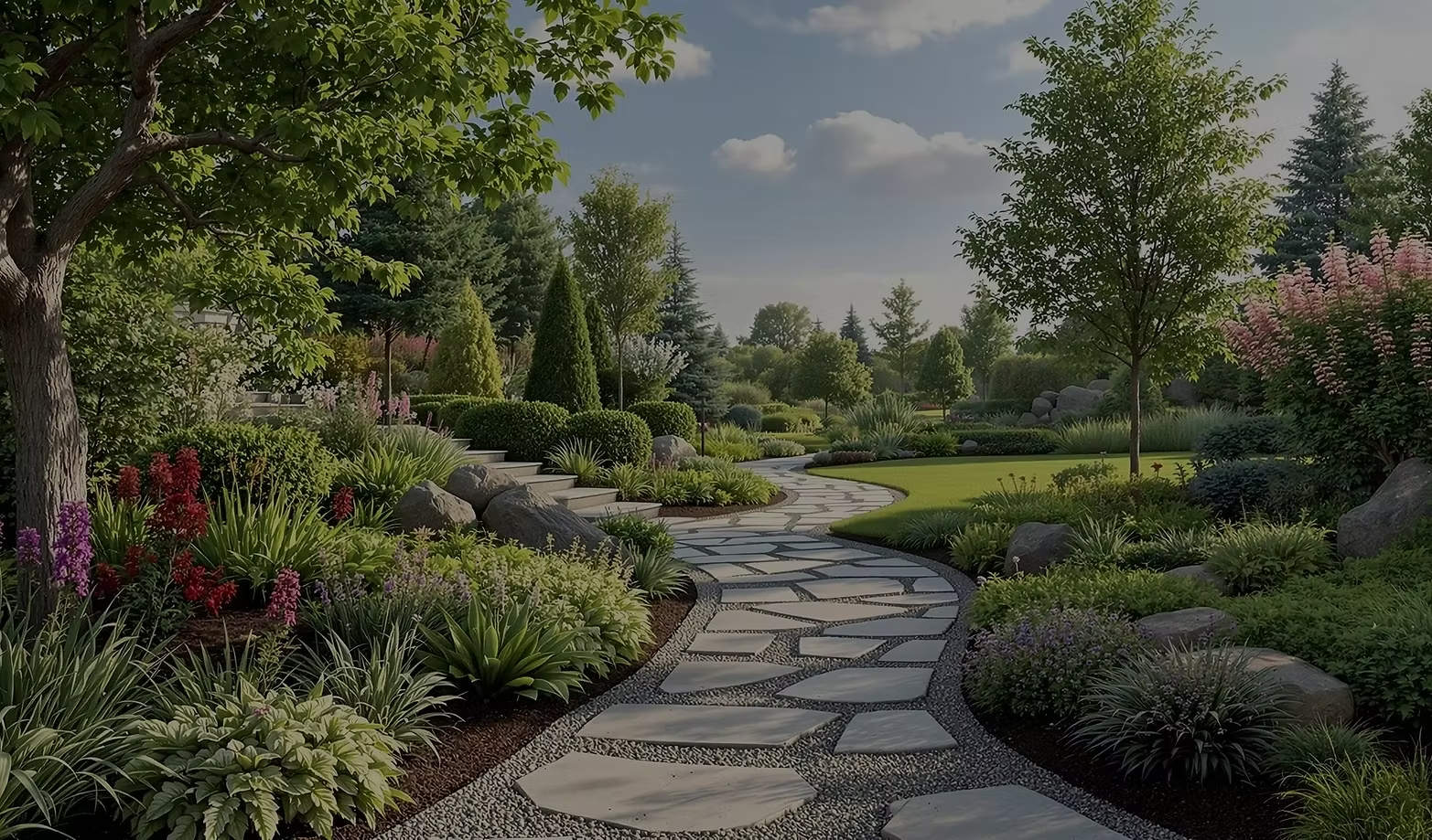 Stone garden path winding through a lush, colorful landscaped garden under a partly cloudy sky