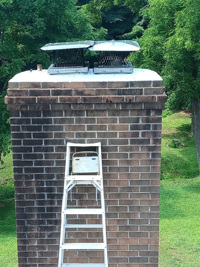 White ladder against a brick chimney with twin metal flues on top, surrounded by green trees