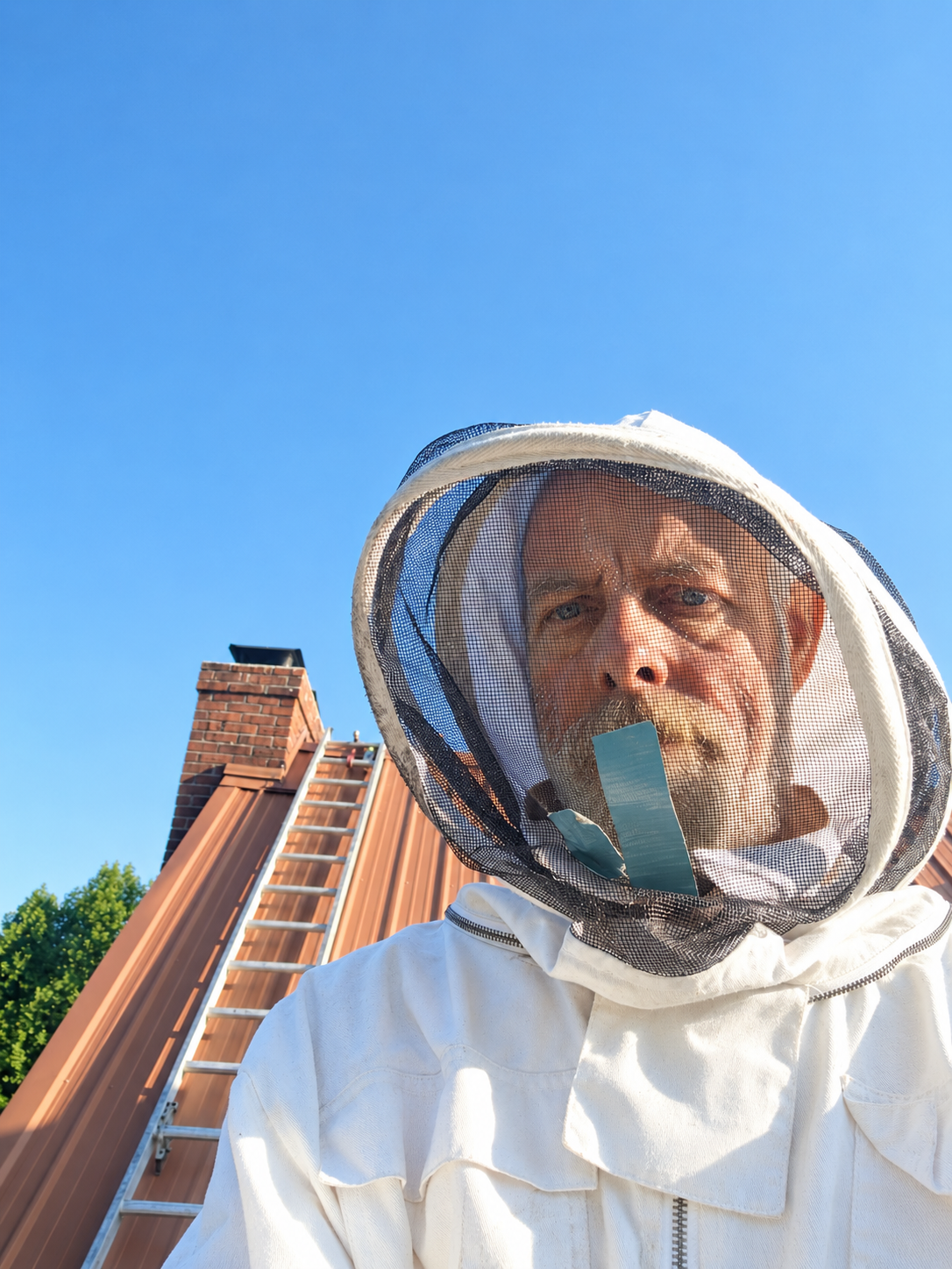 Person in a beekeeping suit standing by a brick chimney under a clear blue sky