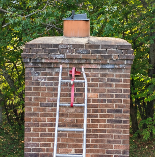 Brick chimney with a red-and-silver ladder leaning against it in a wooded area