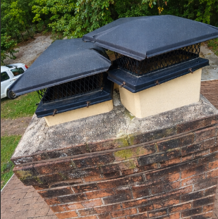 Two black-topped chimney vents on a brick rooftop, one leaning, with trees in the background
