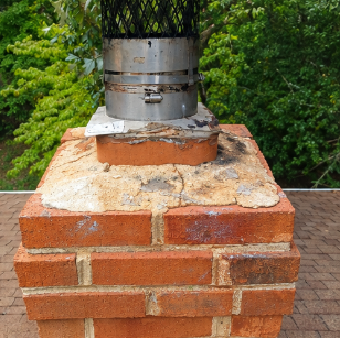 Brick chimney with a metal flue on a rooftop, surrounded by green trees.