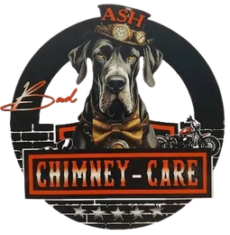Ash Bad Chimney-Care logo with dog in a bow tie and brick chimney graphic