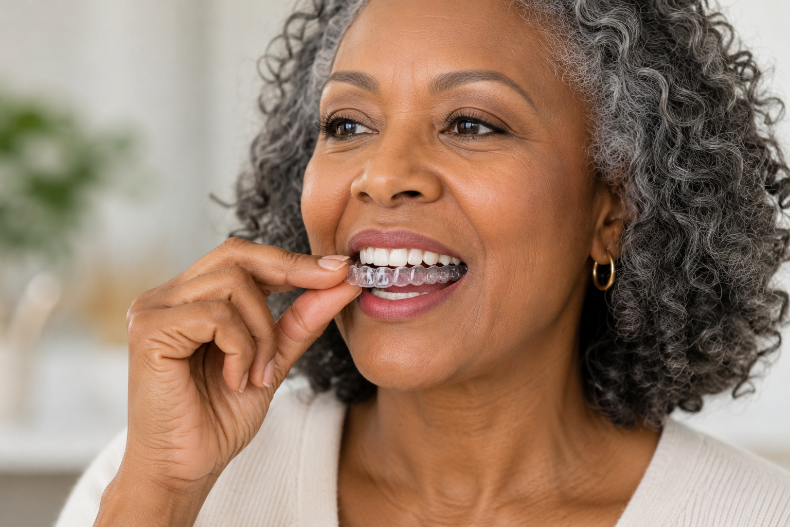 Patient inserting clear aligners at Robert A. Lantzy DMD, Clear Aligner Therapy in Newtown, PA