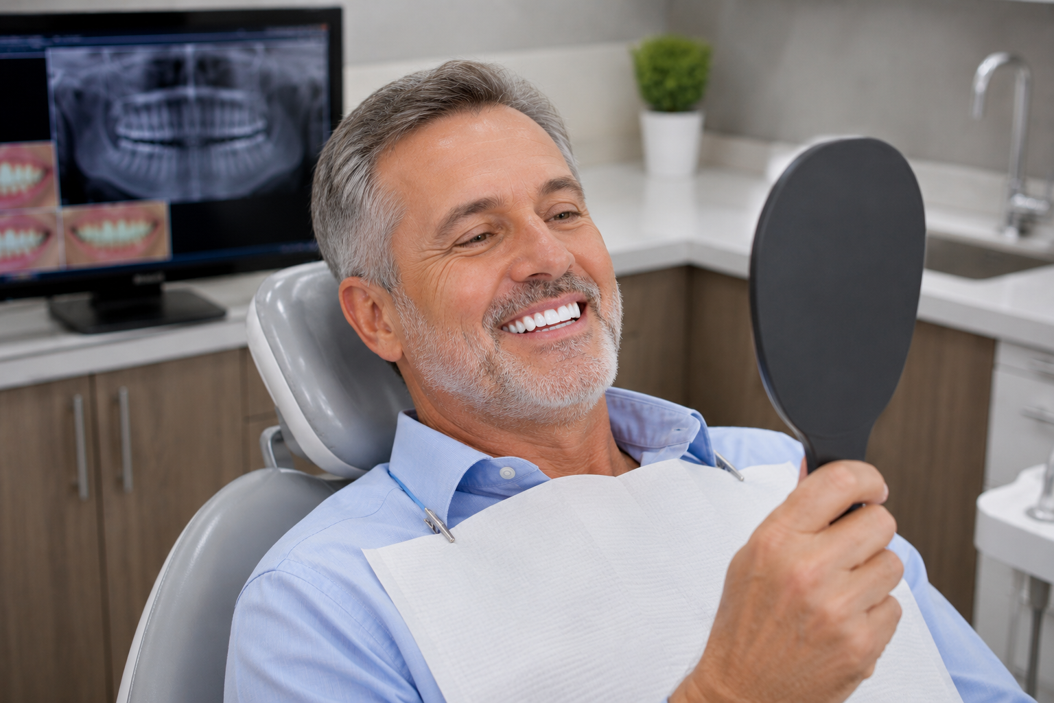 Patient smiling after treatment at Robert A. Lantzy DMD, Full Mouth Restoration & New Teeth in a Day in Newtown, PA