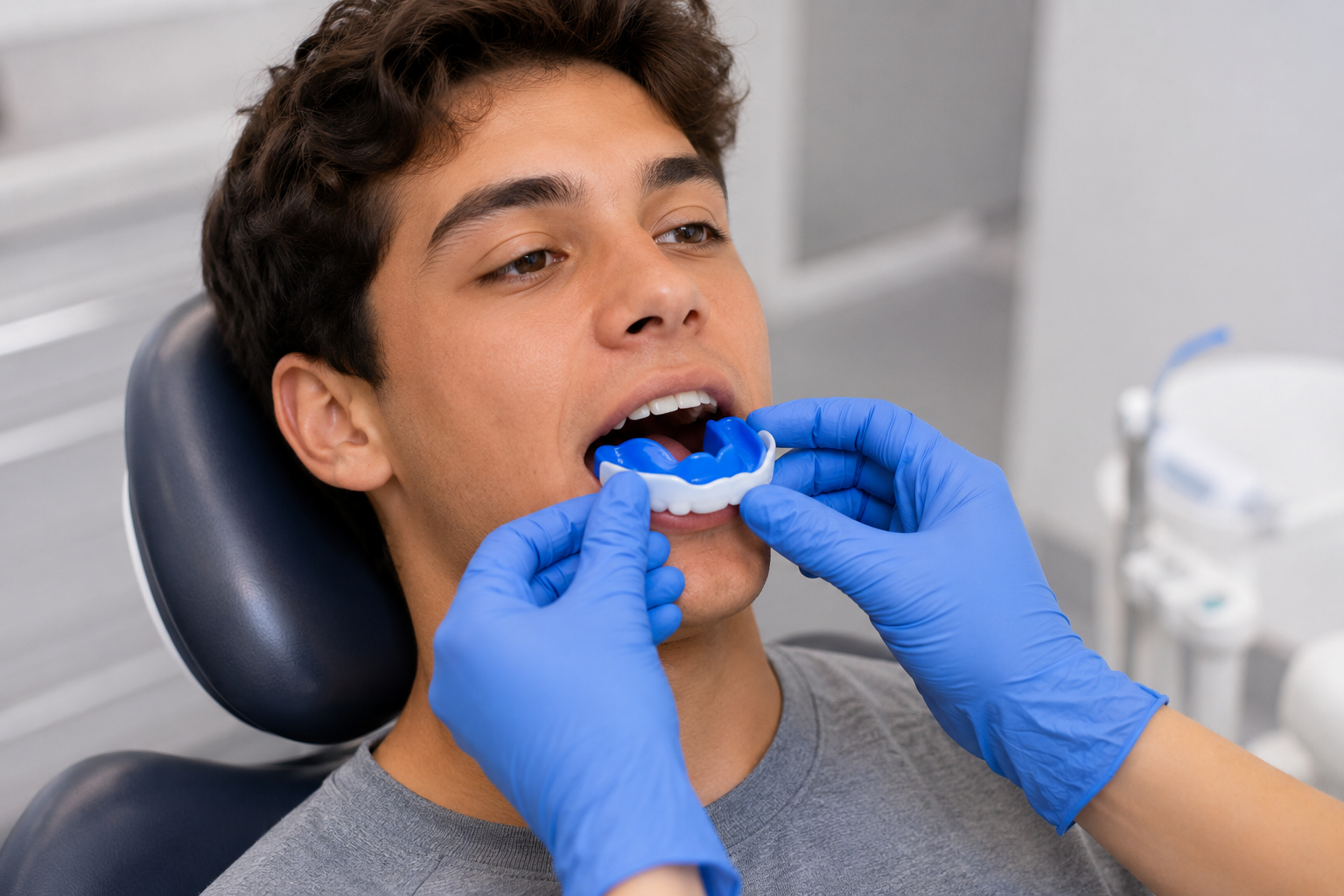 Teen being fitted for a sports mouthguard at Robert A. Lantzy DMD, Sports Mouthguards in Newtown, PA