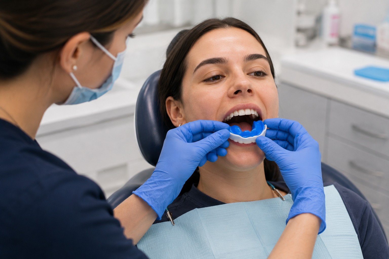 Dentist fitting a custom sports mouthguard at Robert A. Lantzy DMD, Sports Mouthguards in Newtown, PA