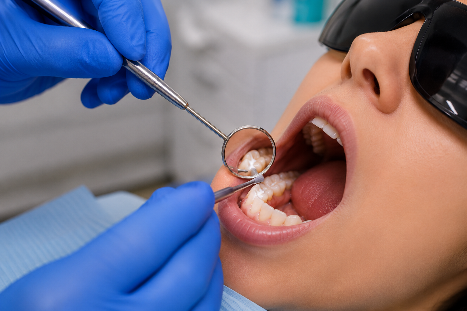 Dentist examining a child's molars at Robert A. Lantzy DMD, Dental Sealants in Newtown, PA