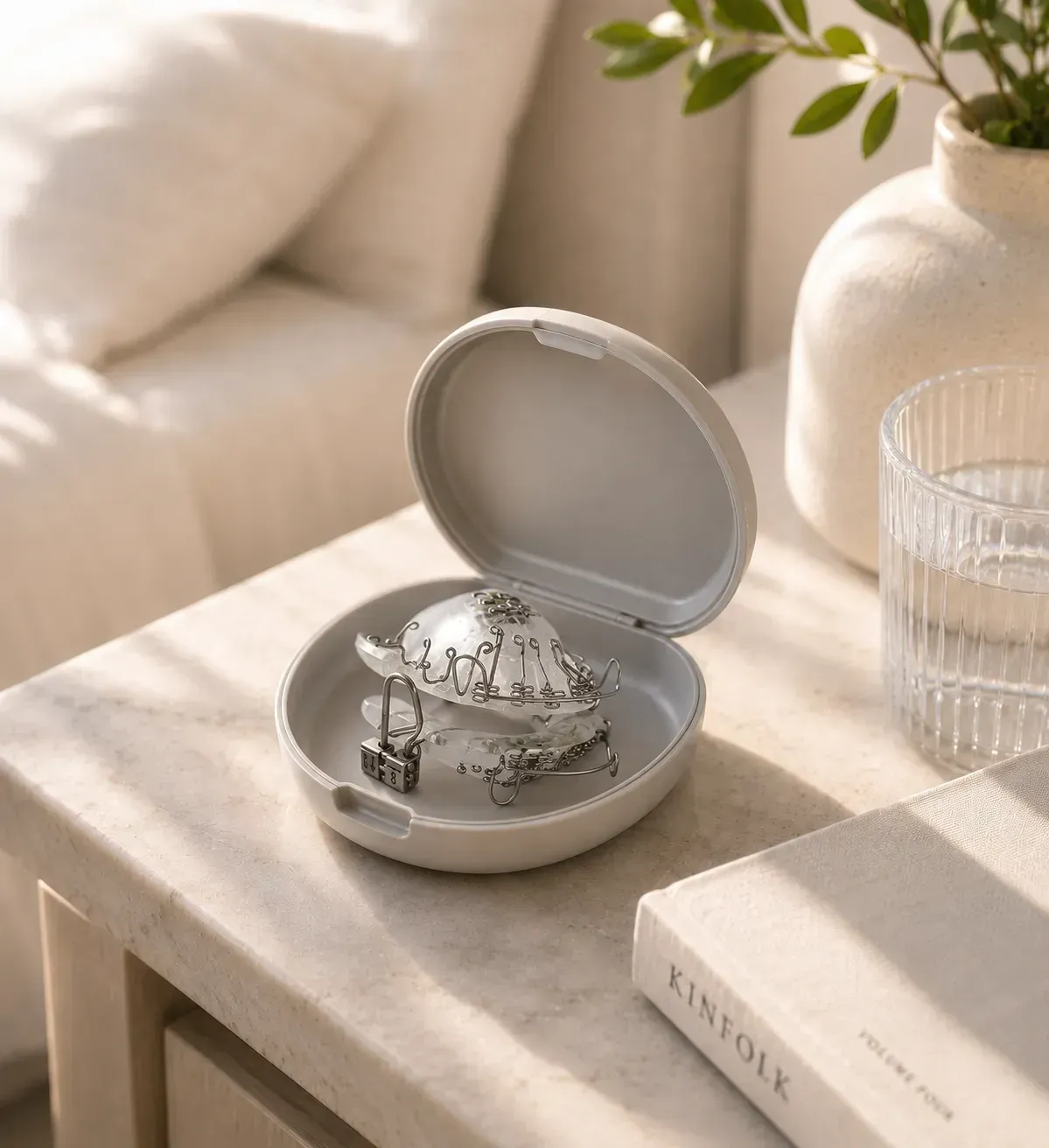 Open silver jewelry box on a beige table beside a glass and book, with a plant in the background