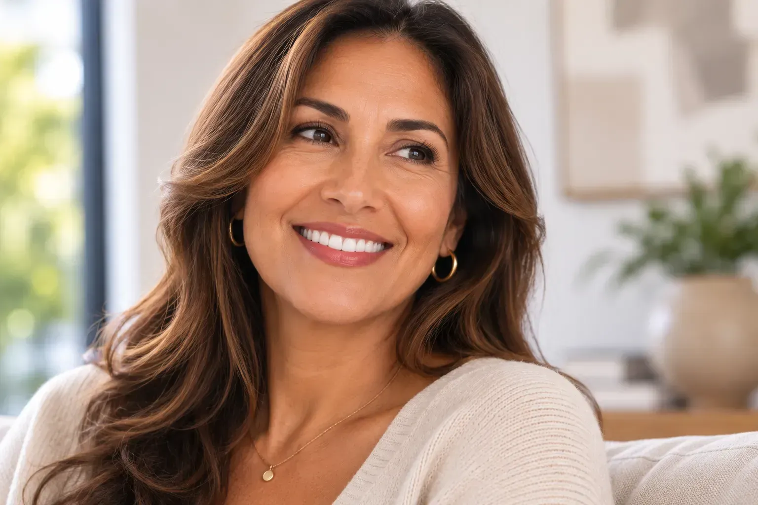 Smiling woman with long brown hair in a cream sweater, seated in a bright living room.