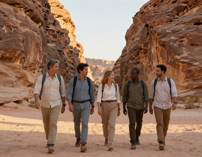 Colleagues walking together through sandstone canyons at golden hour