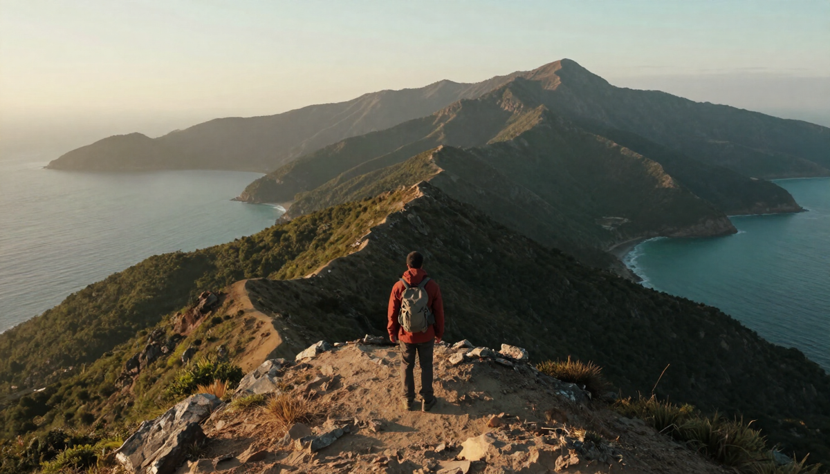 A traveller on a ridge above misty coastal mountains at golden hour