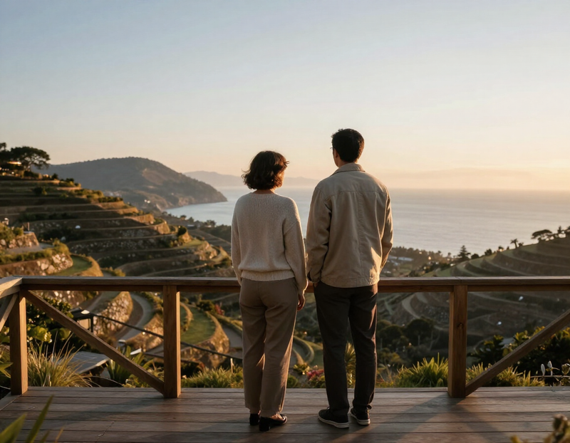 A couple on a private terrace at dawn overlooking terraced hills and the sea