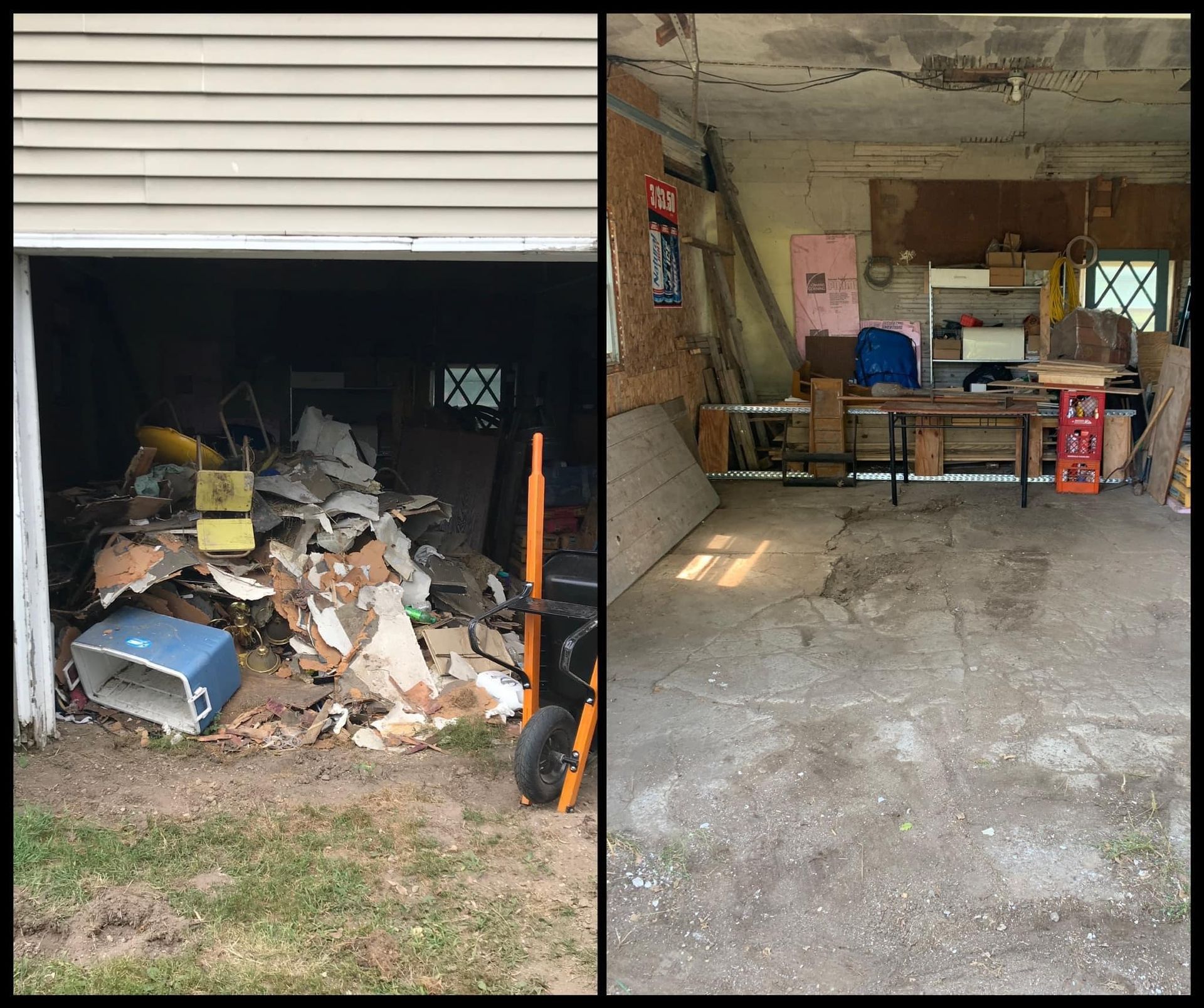 Side-by-side garage photos: cluttered, debris-filled bay and a cleaner garage with workbench and shelves.