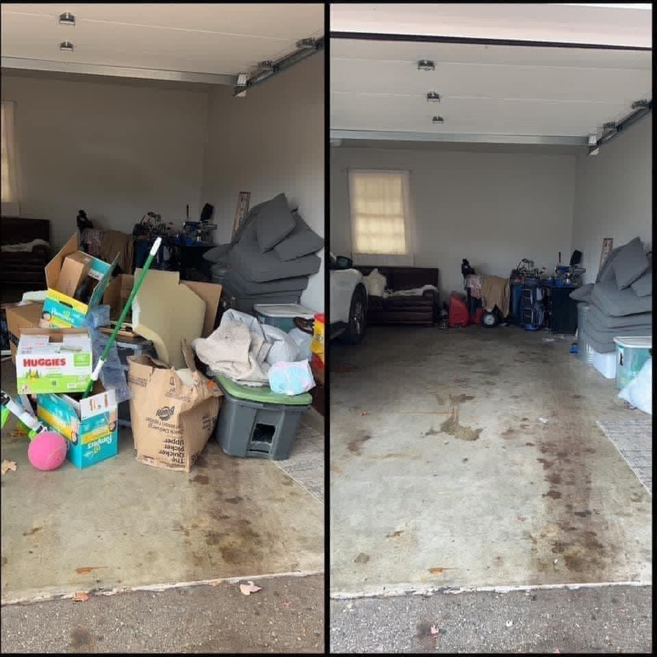 Cluttered garage before-and-after: left packed with boxes, right mostly cleared and open.