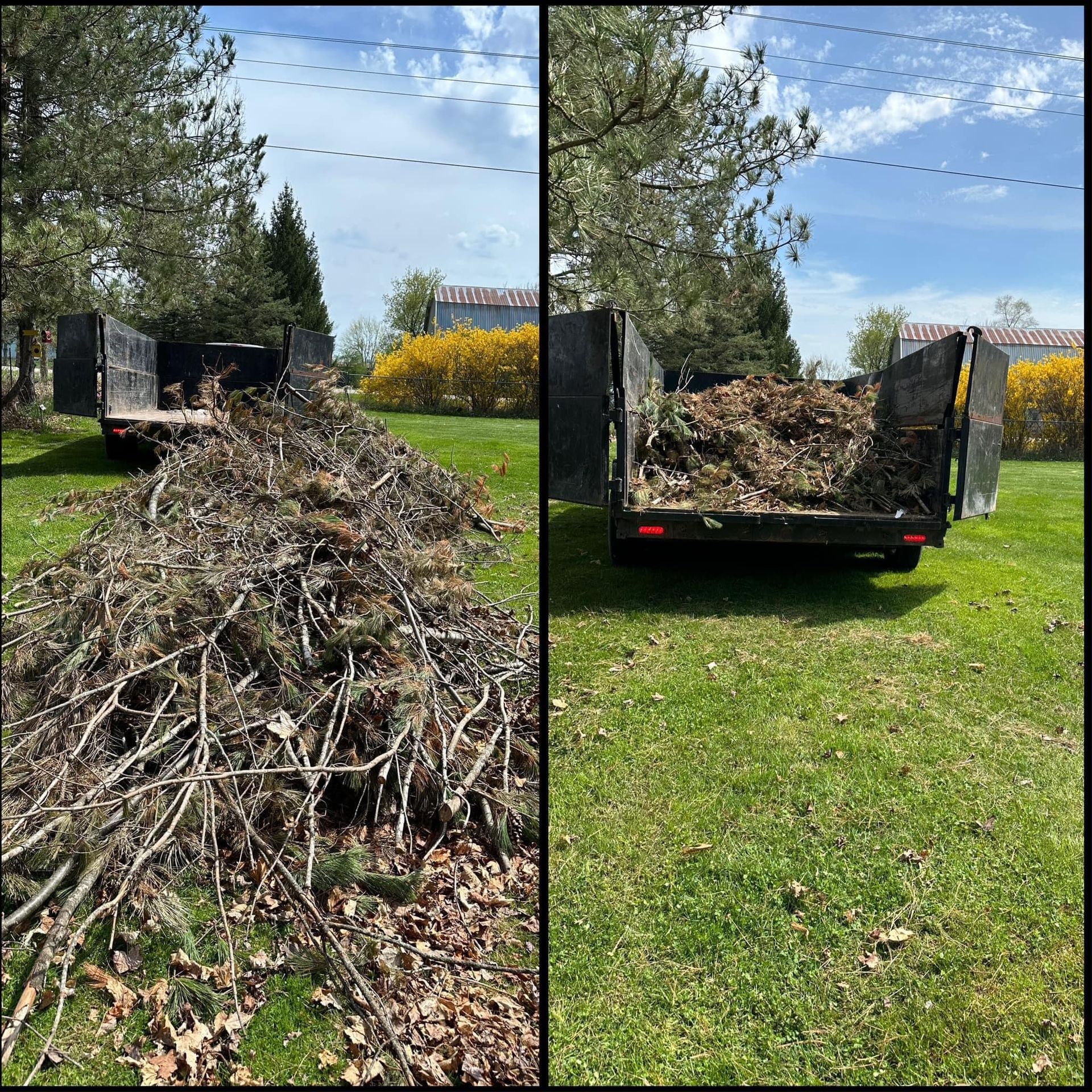 Two views of a black trailer piled high with branches and yard debris on a grassy driveway.
