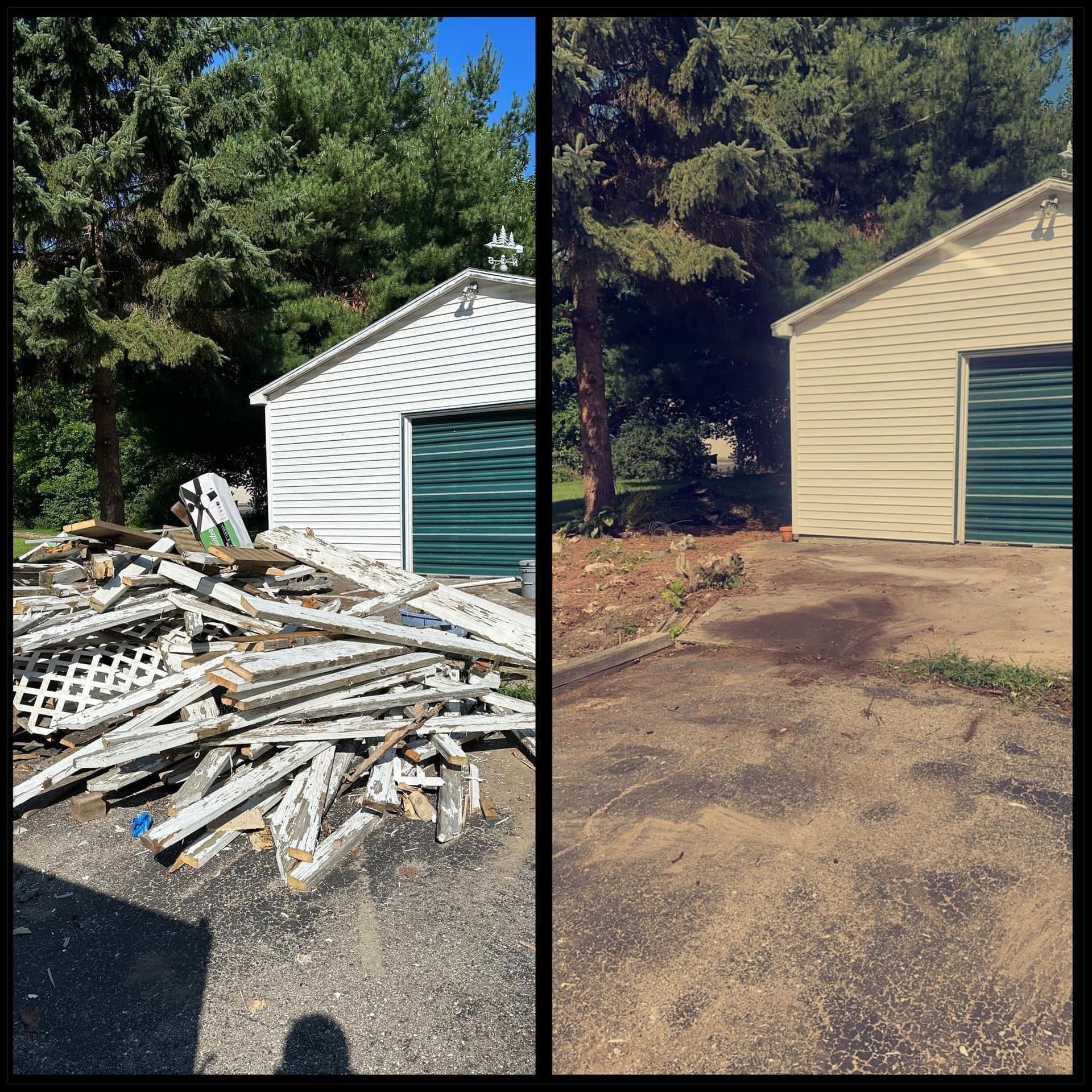 Before-and-after of a shed area: debris pile removed, leaving a cleared dirt driveway beside the garage.