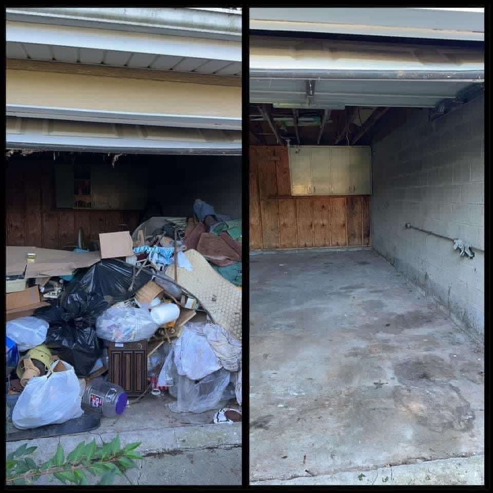 Cluttered garage beside a cleaned, empty garage with concrete floor and wood back wall