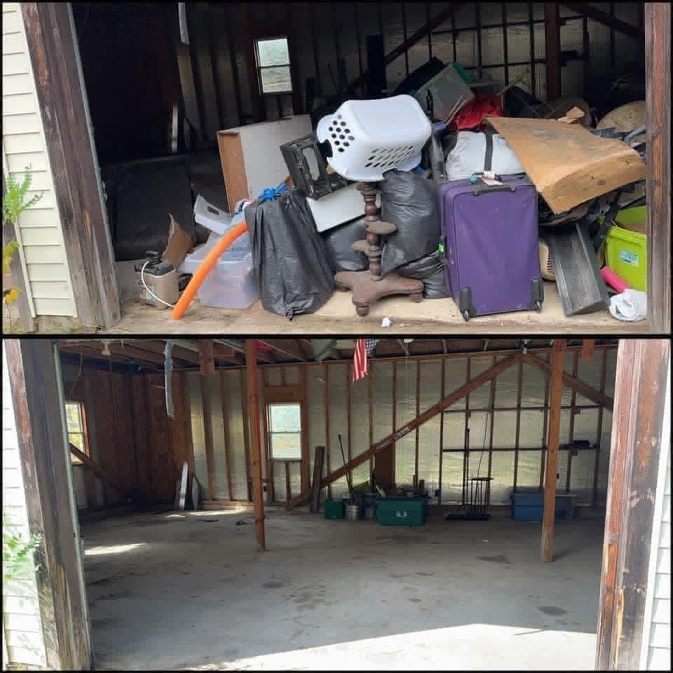 Cluttered garage before and after cleaning, with the floor cleared and items moved aside