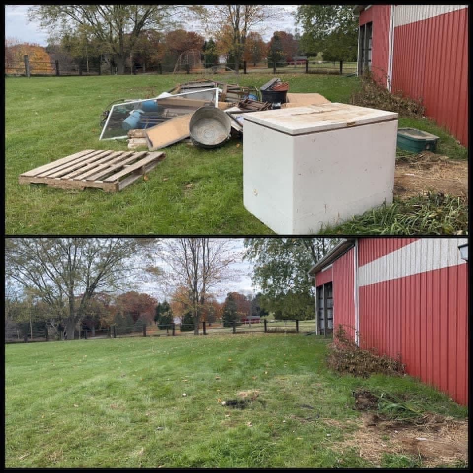 Before and after of a grassy yard beside a red barn, cleared of debris.