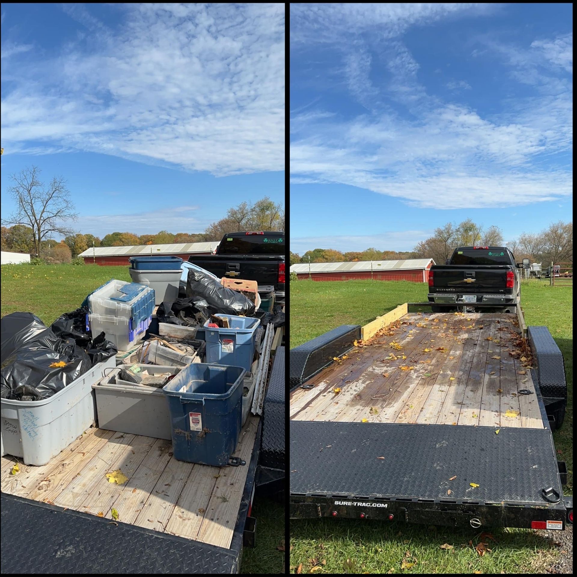 Pickup truck hauling bins and debris on a flatbed trailer in a grassy field under a blue sky