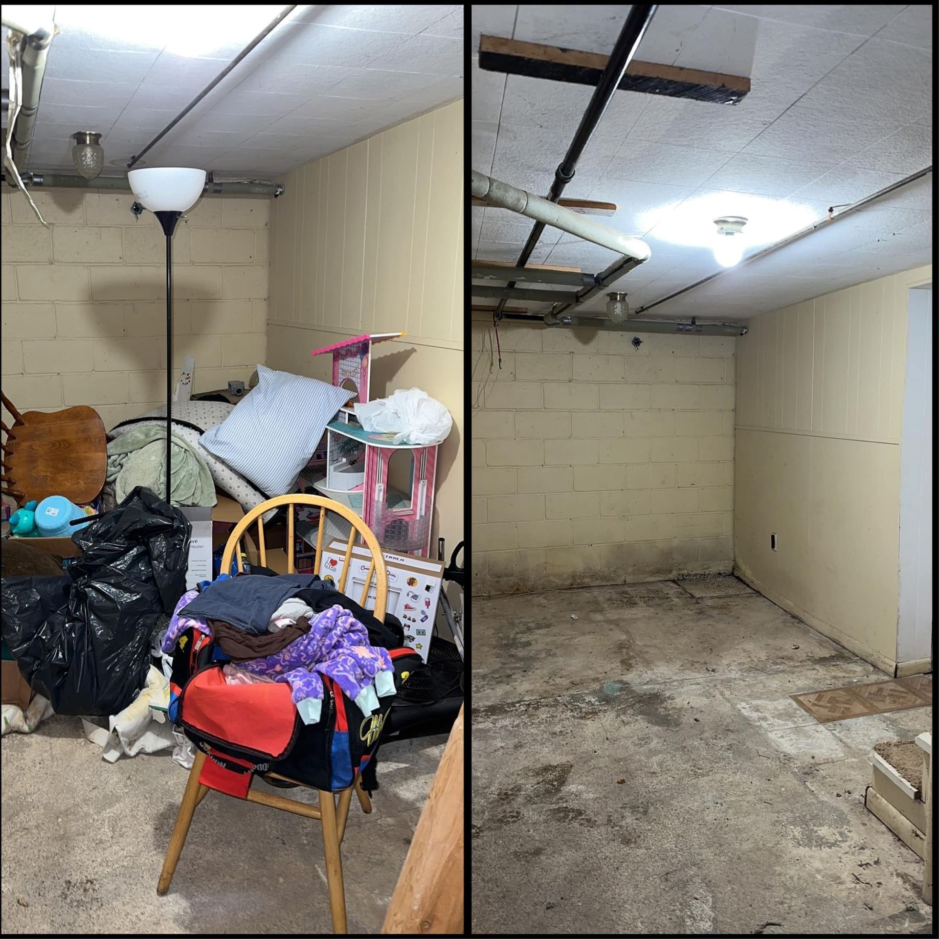 Cluttered basement room before and after cleanup, with piles of items removed and exposed floor.