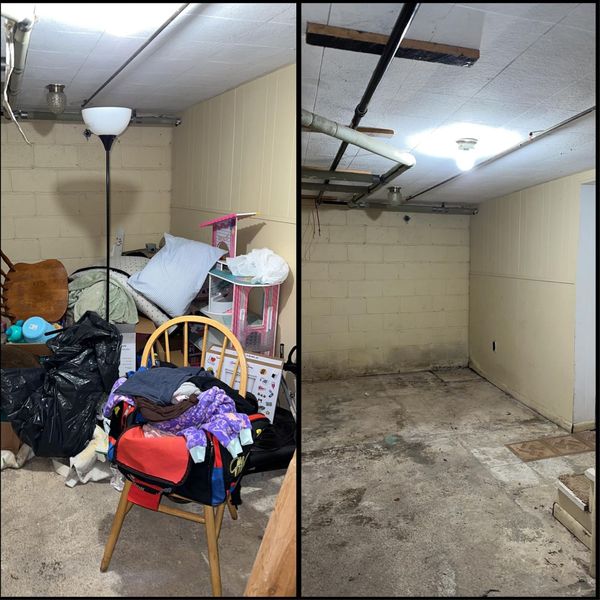 Cluttered basement room before and after cleanup, with piles of items removed and exposed floor.