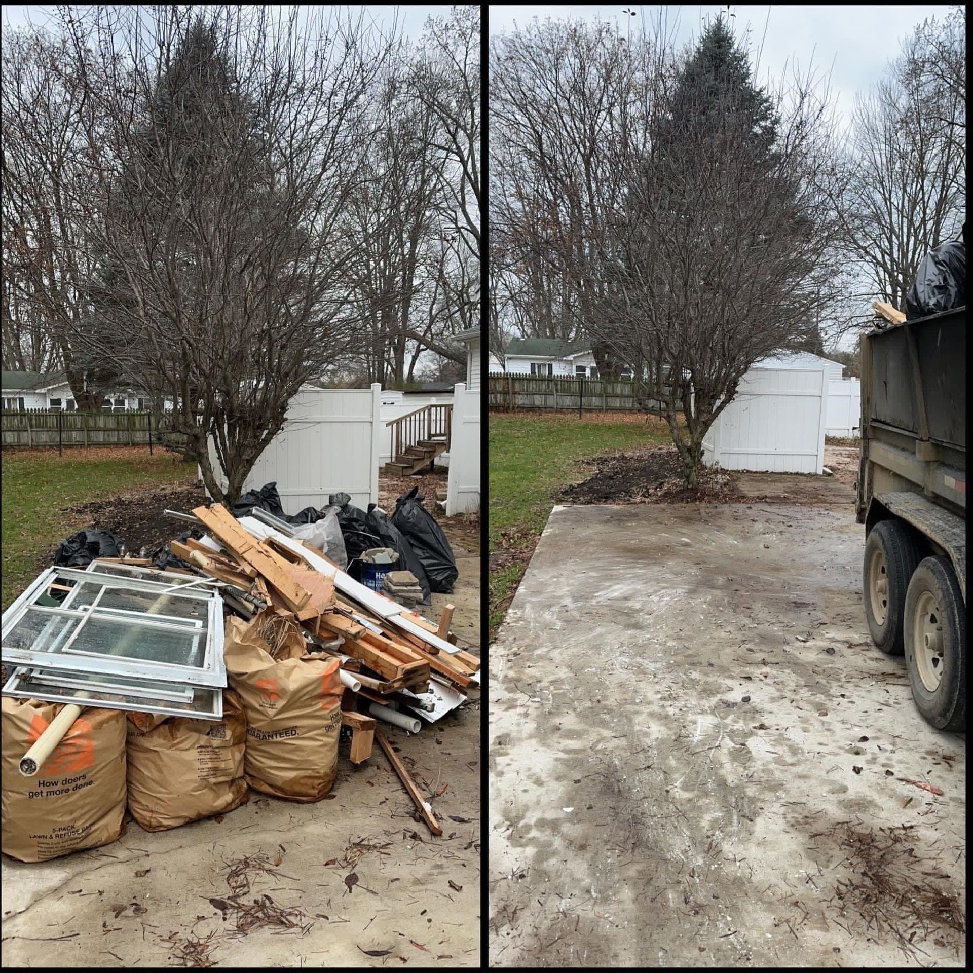 Before-and-after driveway cleanup with piles of debris removed beside a shed and truck.