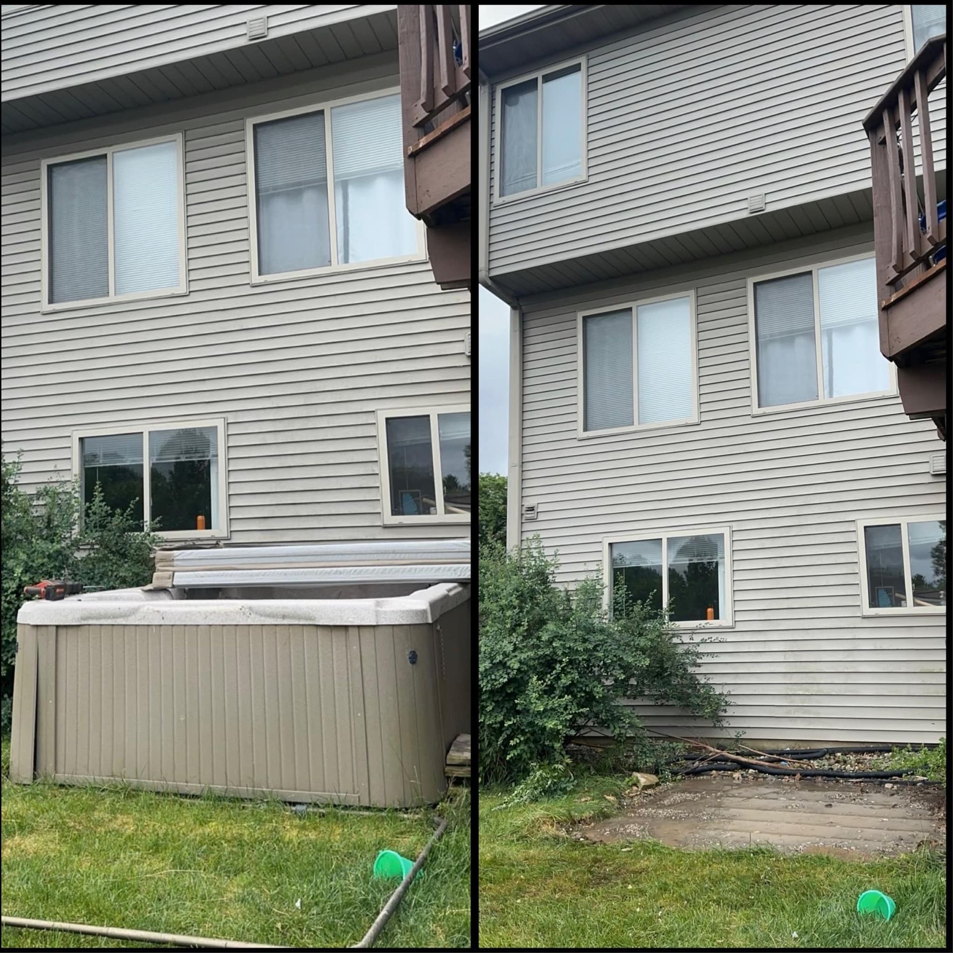 Apartment building exterior with beige siding, hot tub, and small grassy yard before and after removal