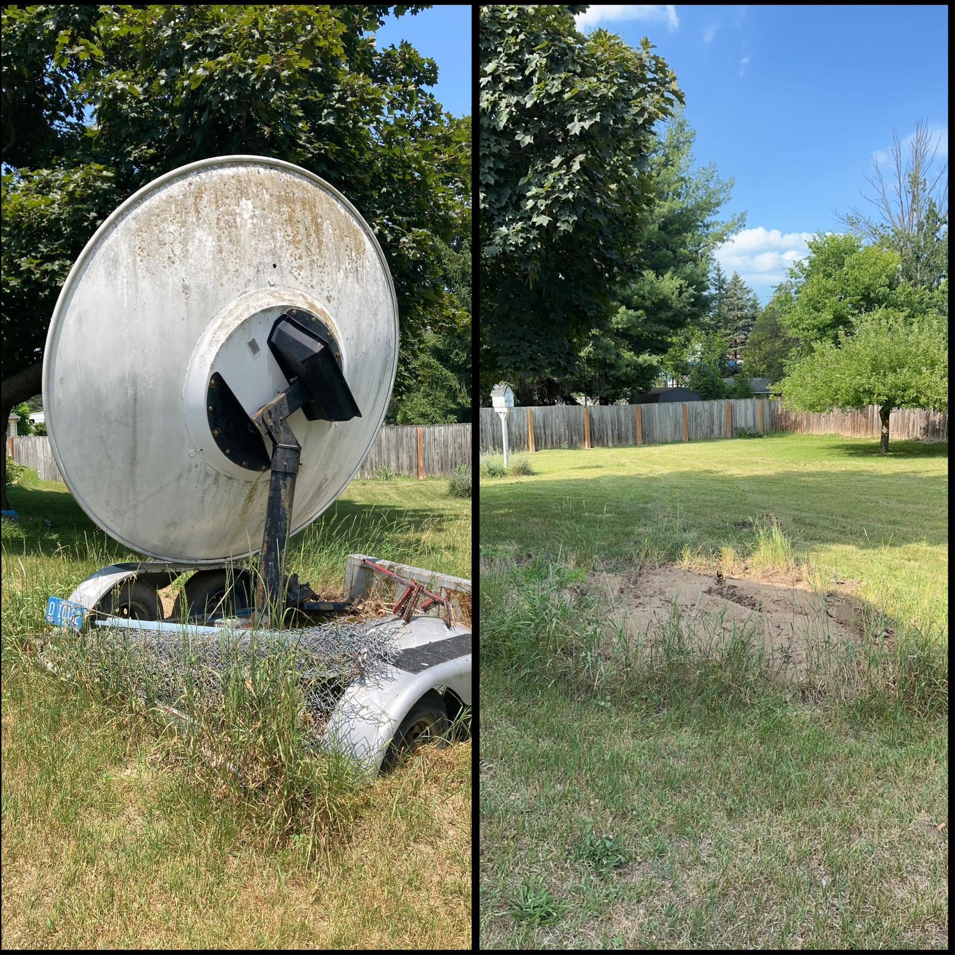 Broken satellite dish in a grassy yard beside a fence and trees on a sunny day