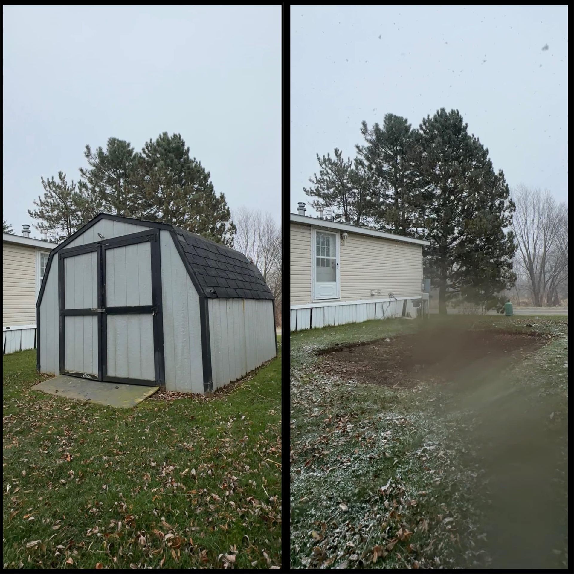 Split view of a gray shed on a grassy lawn, with clear and foggy versions side by side.