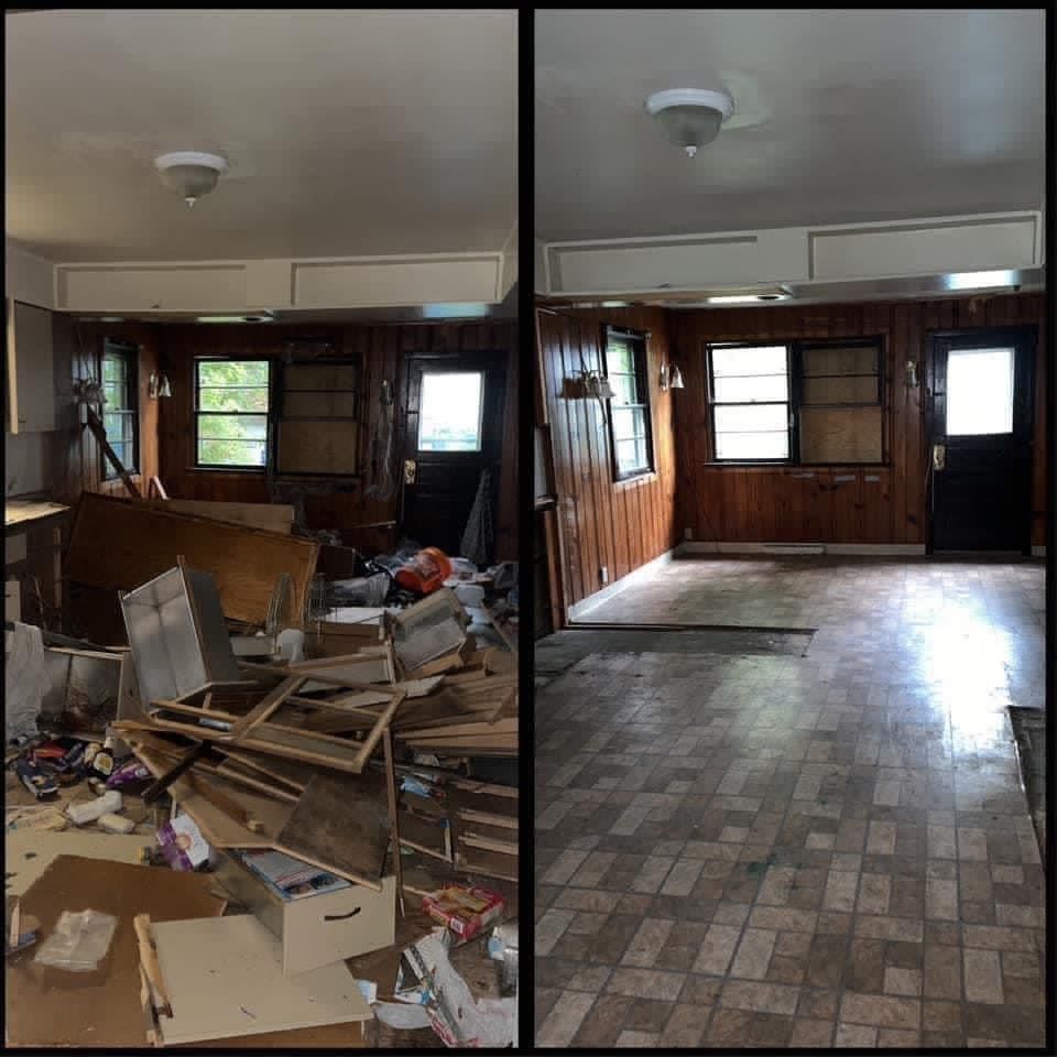 Before-and-after of a cluttered room cleared out and cleaned, showing wood-paneled walls and tile floor.