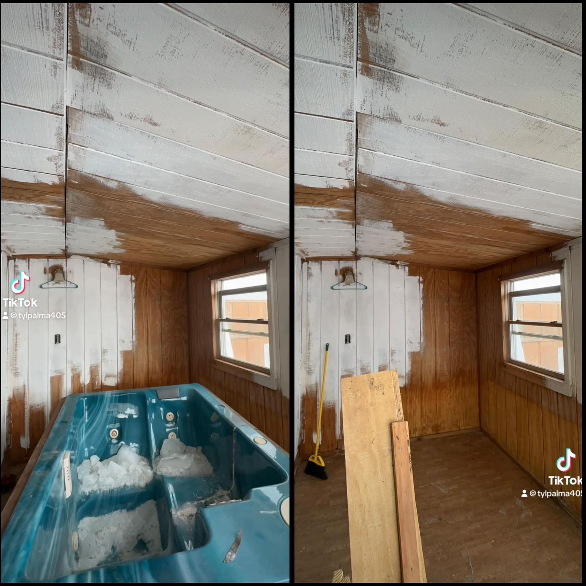 Small bathroom under renovation with a blue tub, unfinished wood walls, and exposed ceiling.