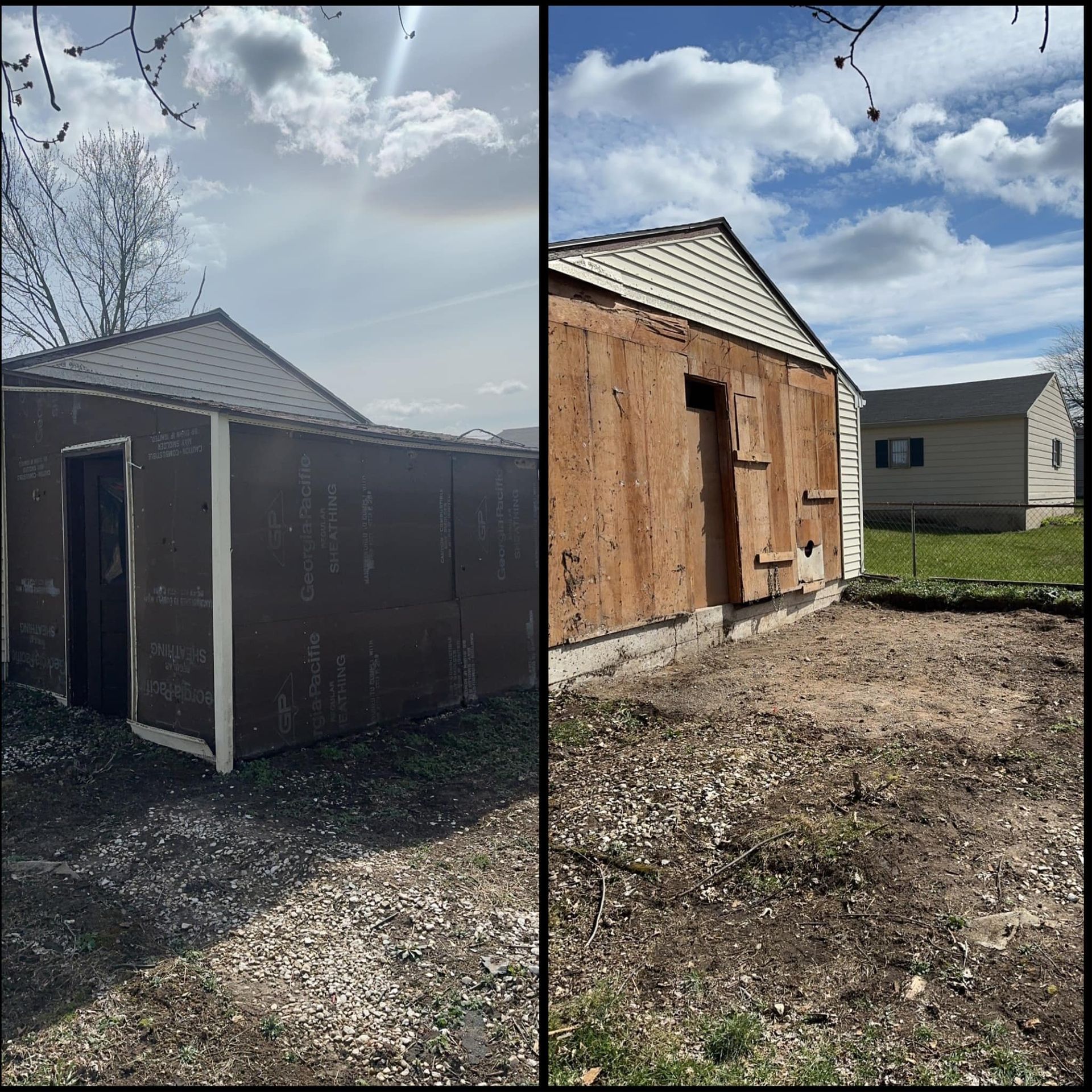 Two small outdoor sheds, one dark brown and one unfinished wood, under a partly cloudy sky.
