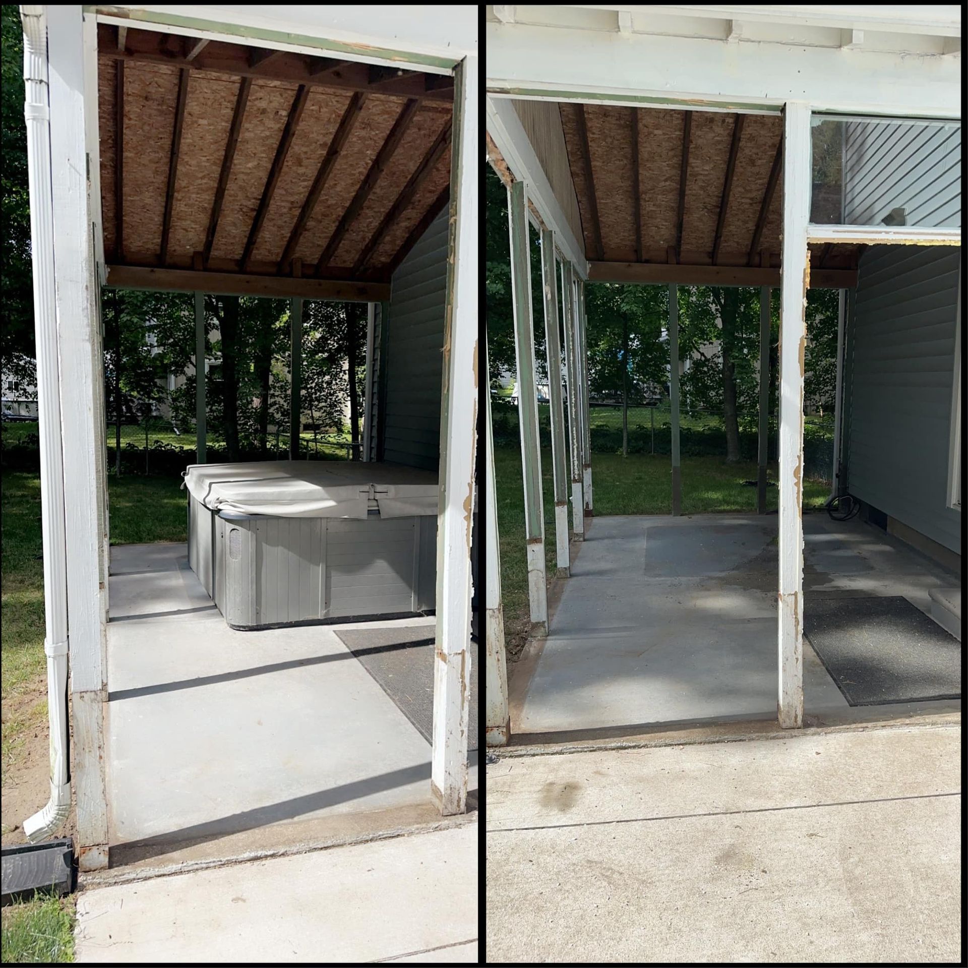 Covered patio with gray hot tub and exposed framing, shown before and after construction on a concrete slab