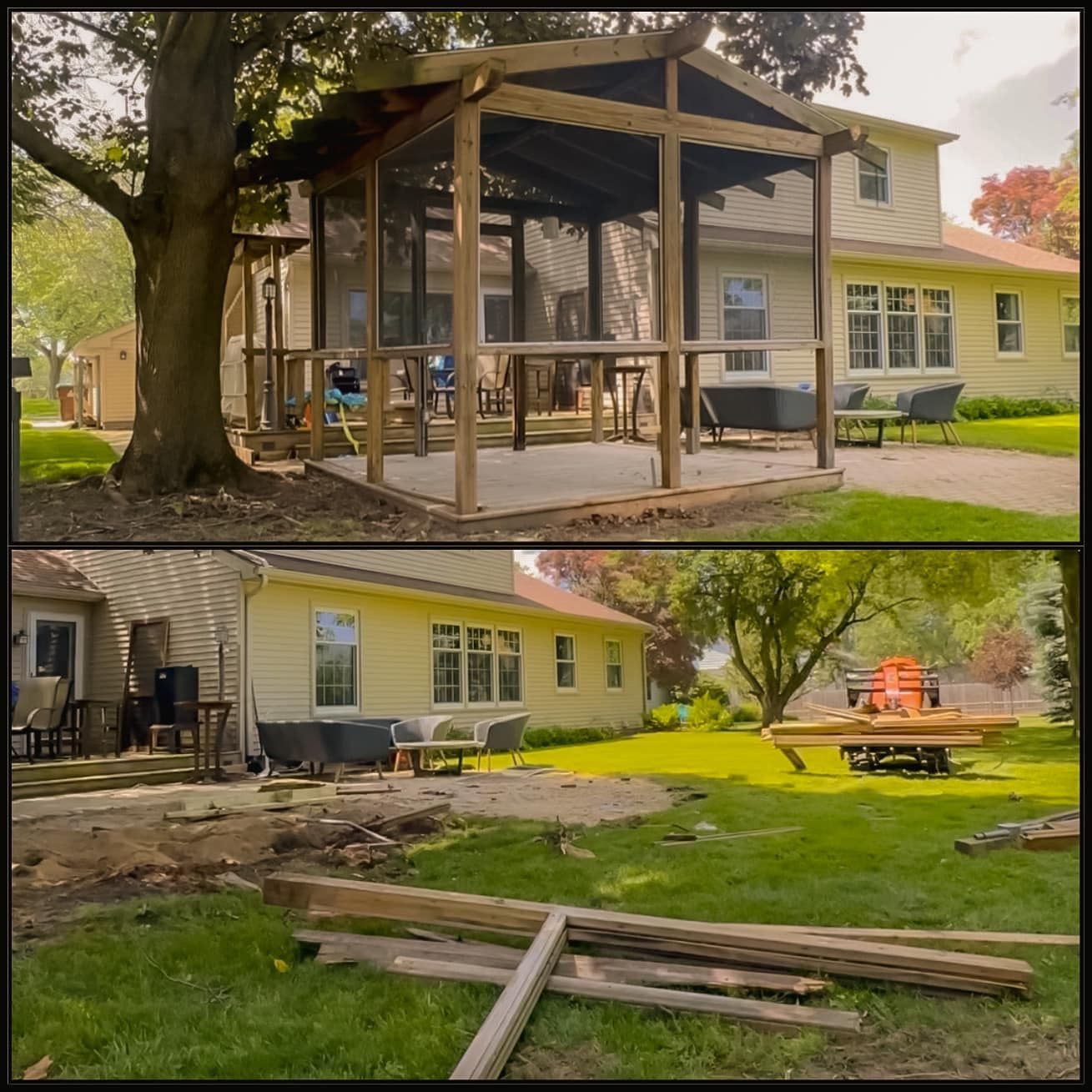 Split photo of a backyard with a screened porch, yellow house, lawn, and deck framing on the ground