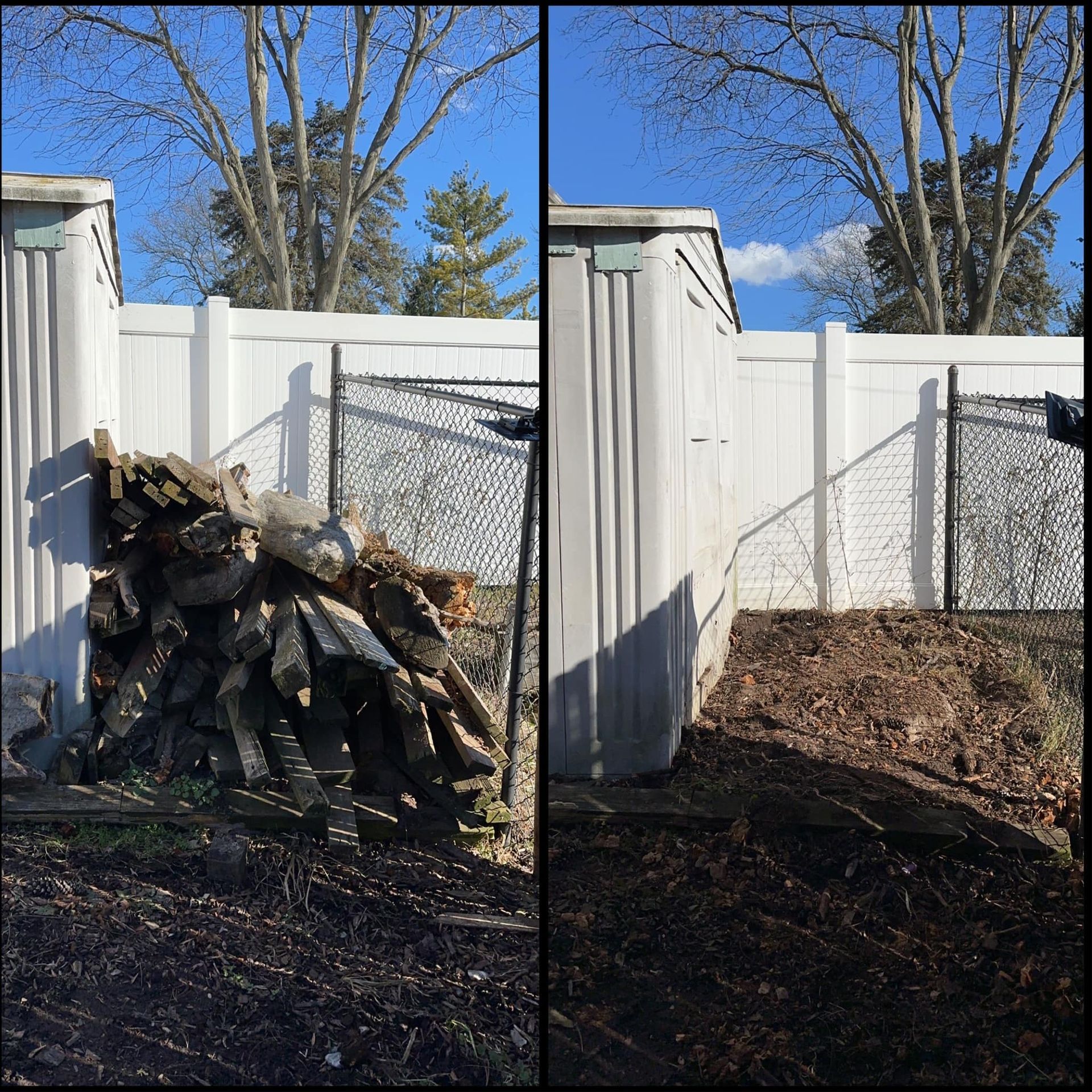 Before-and-after view of a backyard corner with a wood pile removed beside a white fence and shed.