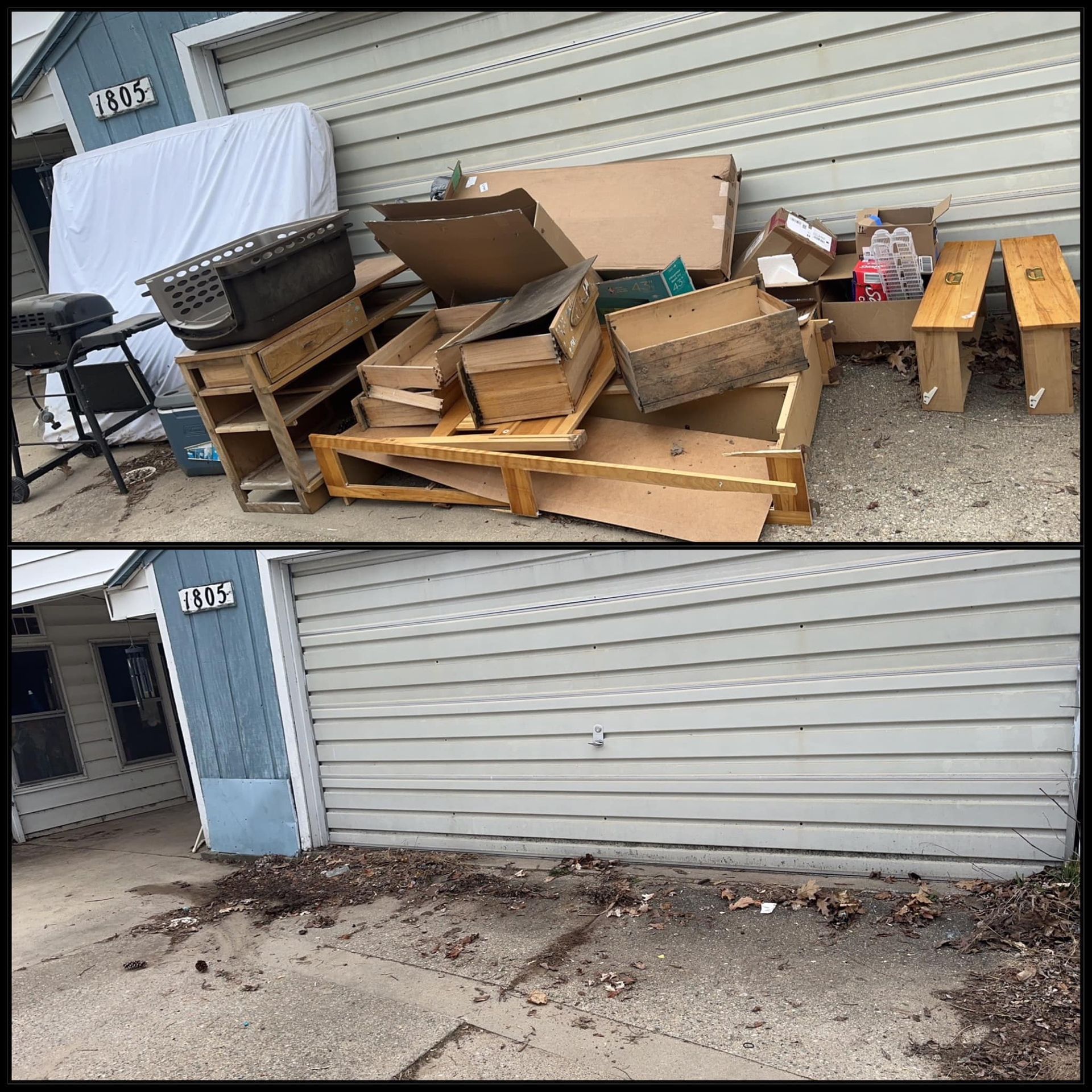 Before-and-after of a building wall: cluttered debris and wooden pallets removed, leaving a cleared concrete area.