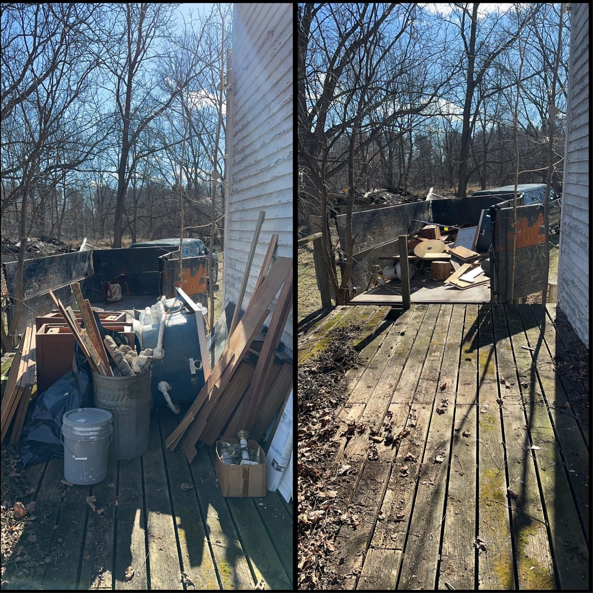 Backyard deck cluttered with scrap wood, bins, and tools beside a house on a sunny day
