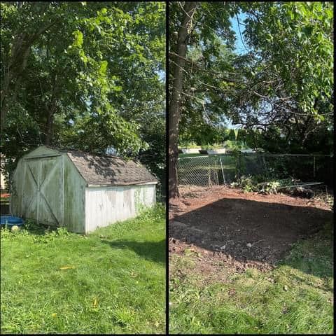 Backyard with a white shed and a freshly tilled garden bed under leafy trees.