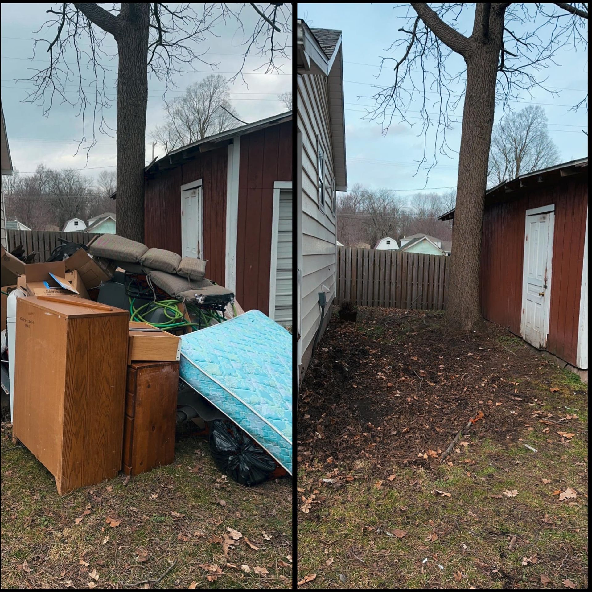 Backyard before-and-after: cluttered pile by shed changed to a cleared yard with a tree and fence