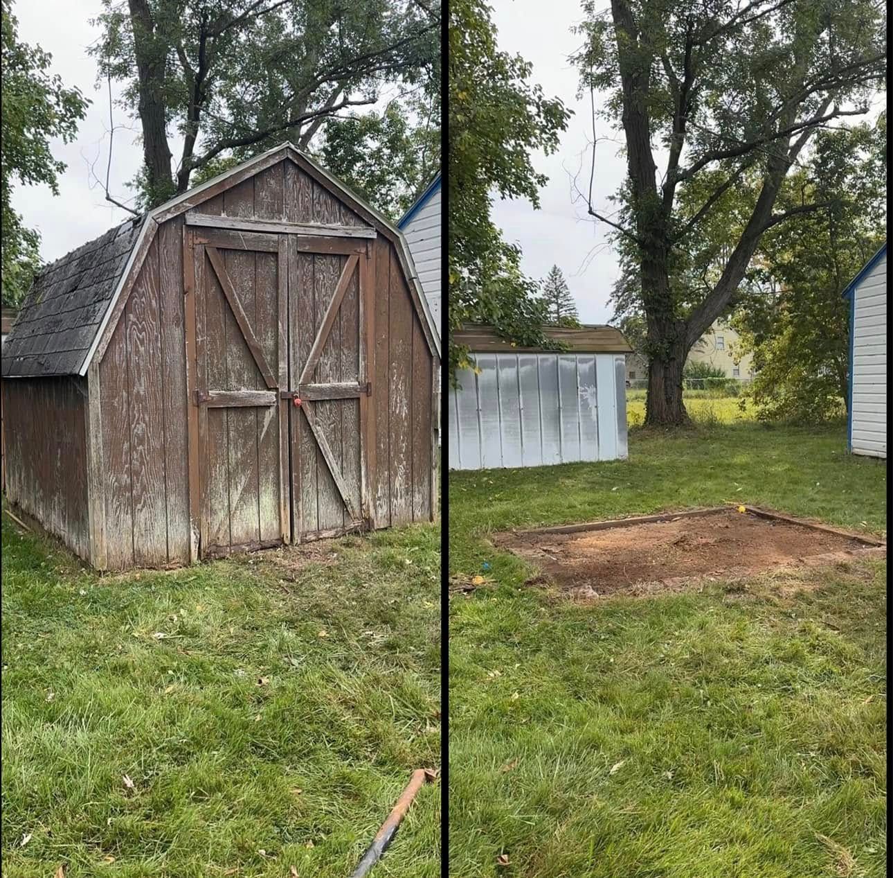 Split view of a weathered shed before and after removal, with a cleared patch of grass and dirt.