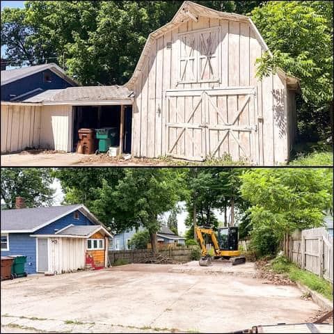 Before and after of a yard cleared beside a white barn and blue house, showing an excavator and open space